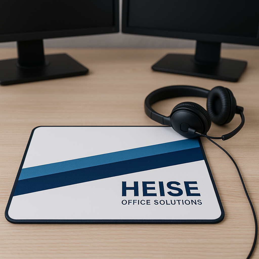 A mousepad in focus on a desk with a headset placed beside it and two monitors in the background