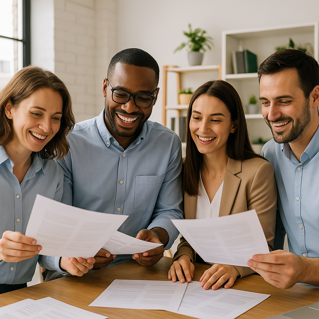 Happy office employees working with printed documents in a bright, collaborative workspace. The mood Als IT-Systemhaus aus Schwerin kennen wir die Anforderungen von KMU in der Region. Wir setzen auf persönliche Beratung, schnellen Vor-Ort-Service und maßgeschneiderte Lösungen.